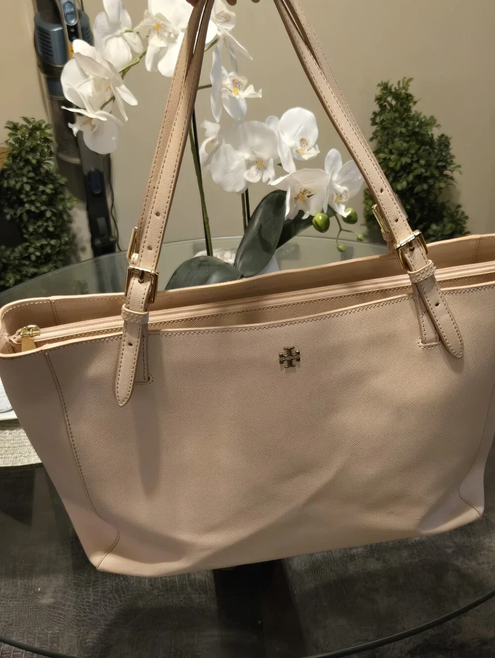 TORY BURCH York Small Tote Bag Pastel Baby Pink Saffiano Leather Diaper Work